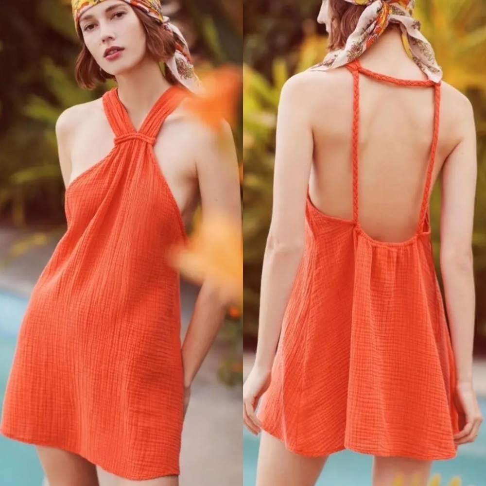 By ANTHROPOLOGIE women’s Braided halter Mini Dress in Orange size XL extra large